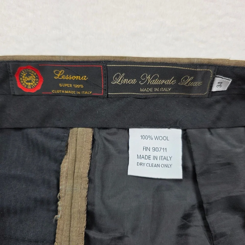 Linea Naturale Luxe Dress Pants Men 34 Tan Windowpane Wool Super 120 Italy